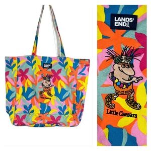 Vtg 90s Lands End Little Caesars Canvas Tote Bag Beach Tropical Embroidered Rare